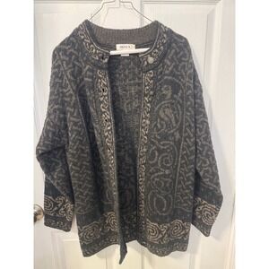 Avoca Womens S 91% Wool Long Cardigan Sweater Gray Tan Paisley Swirl Pattern